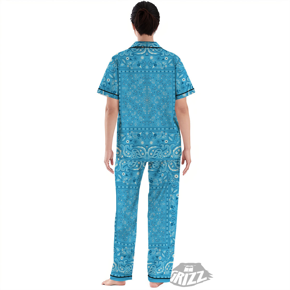 Paisley Bandana Light Blue Print Women's Pajamas Set-grizzshop