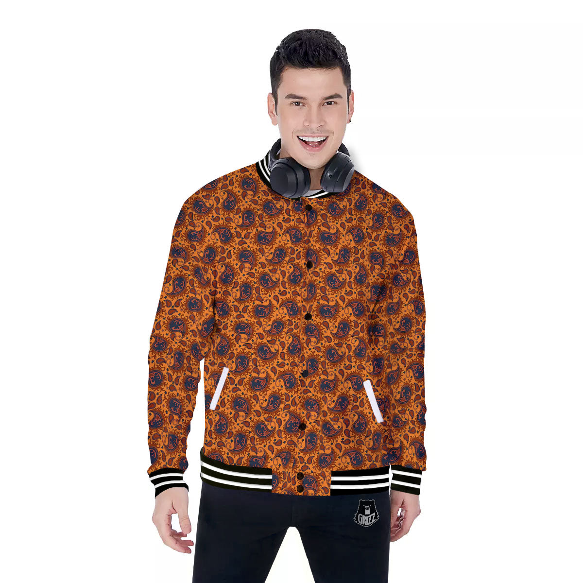 Paisley Bandana Orange Print Baseball Jacket-grizzshop
