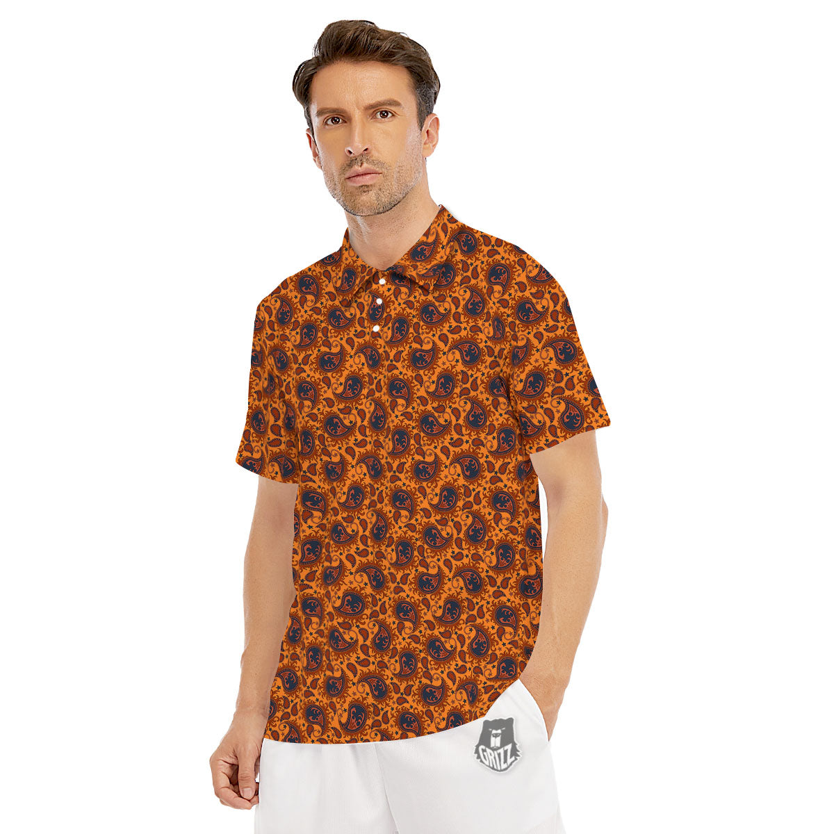 Paisley Bandana Orange Print Men's Golf Shirts-grizzshop
