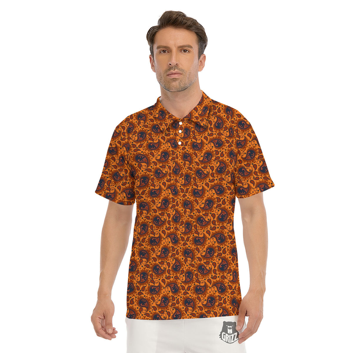 Paisley Bandana Orange Print Men's Golf Shirts-grizzshop