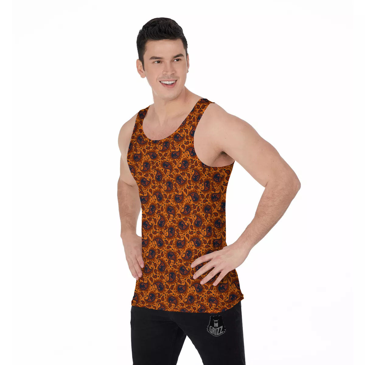 Paisley Bandana Orange Print Men's Tank Top-grizzshop