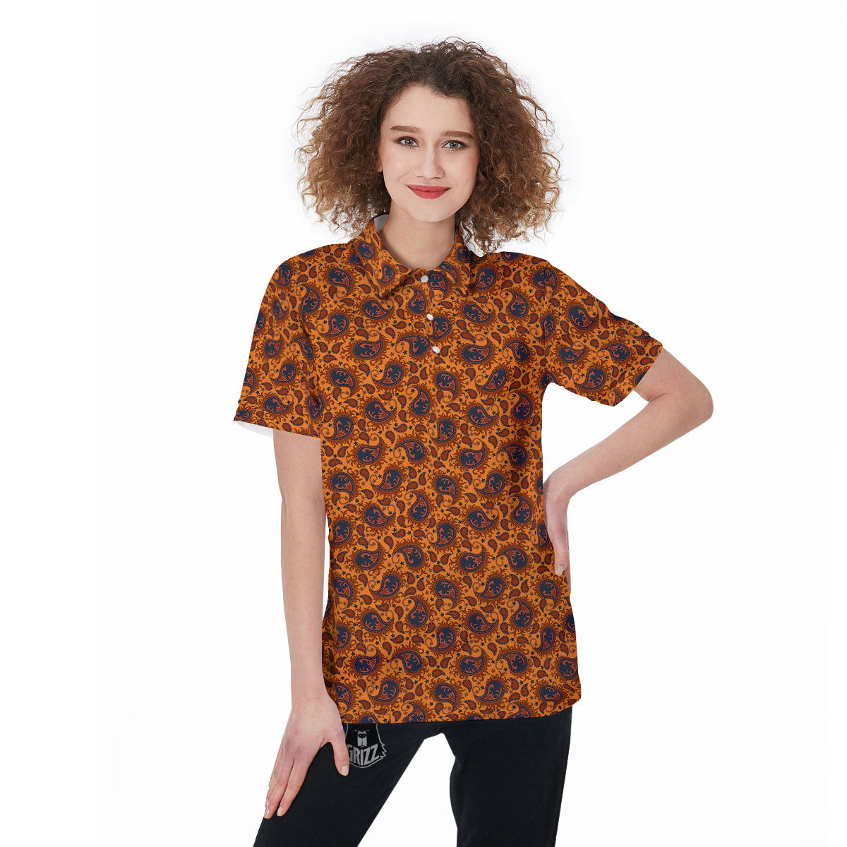 Paisley Bandana Orange Print Women's Golf Shirts-grizzshop