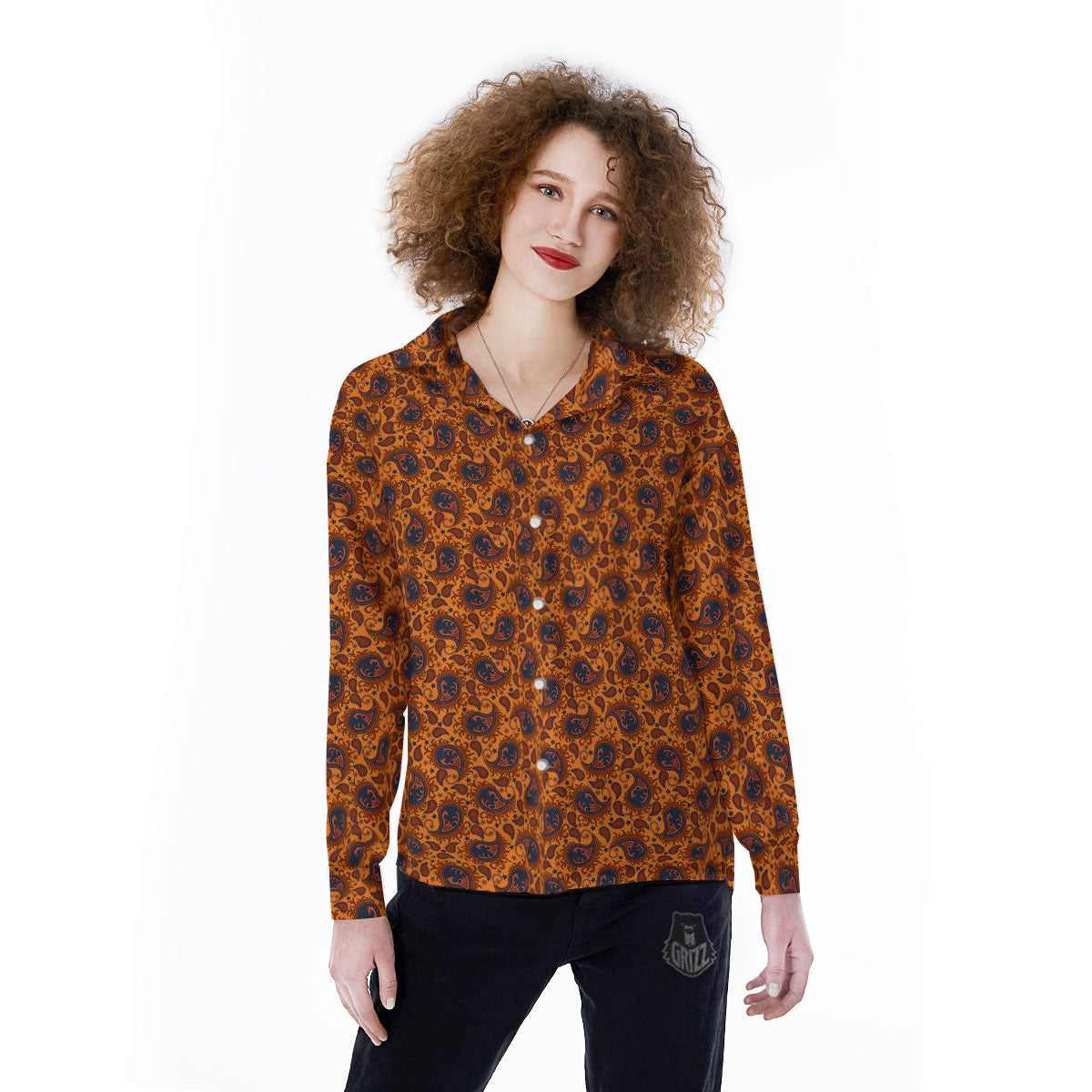 Paisley Bandana Orange Print Women's Long Sleeve Shirts-grizzshop