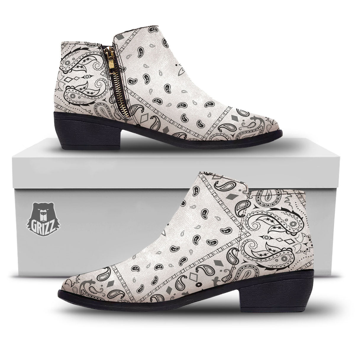 Paisley Bandana White And Black Print Ankle Boots-grizzshop