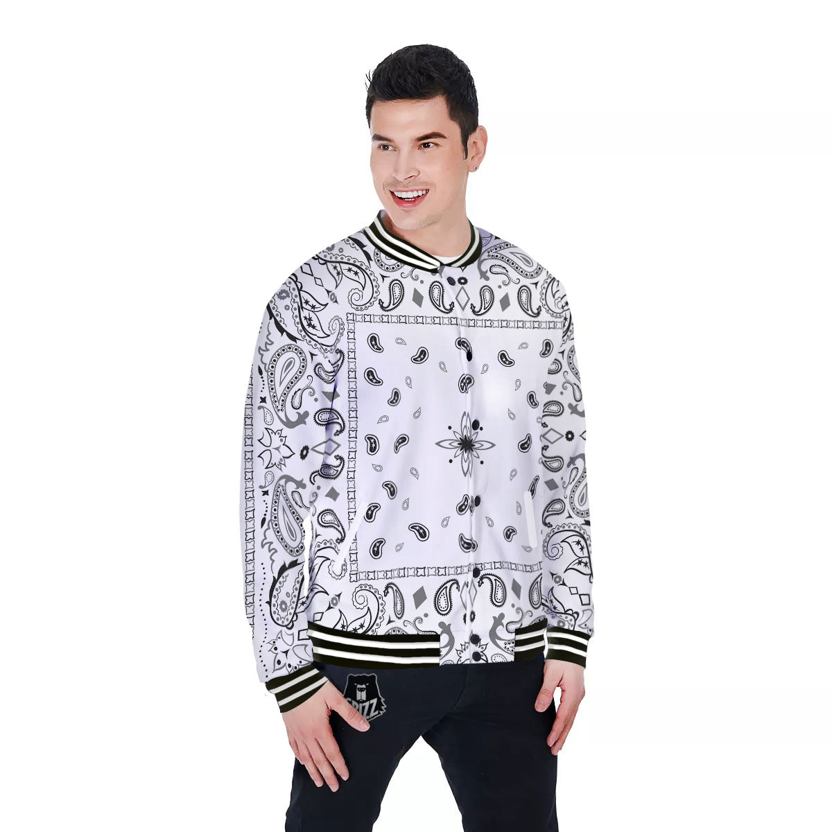 Paisley Bandana White And Black Print Baseball Jacket-grizzshop