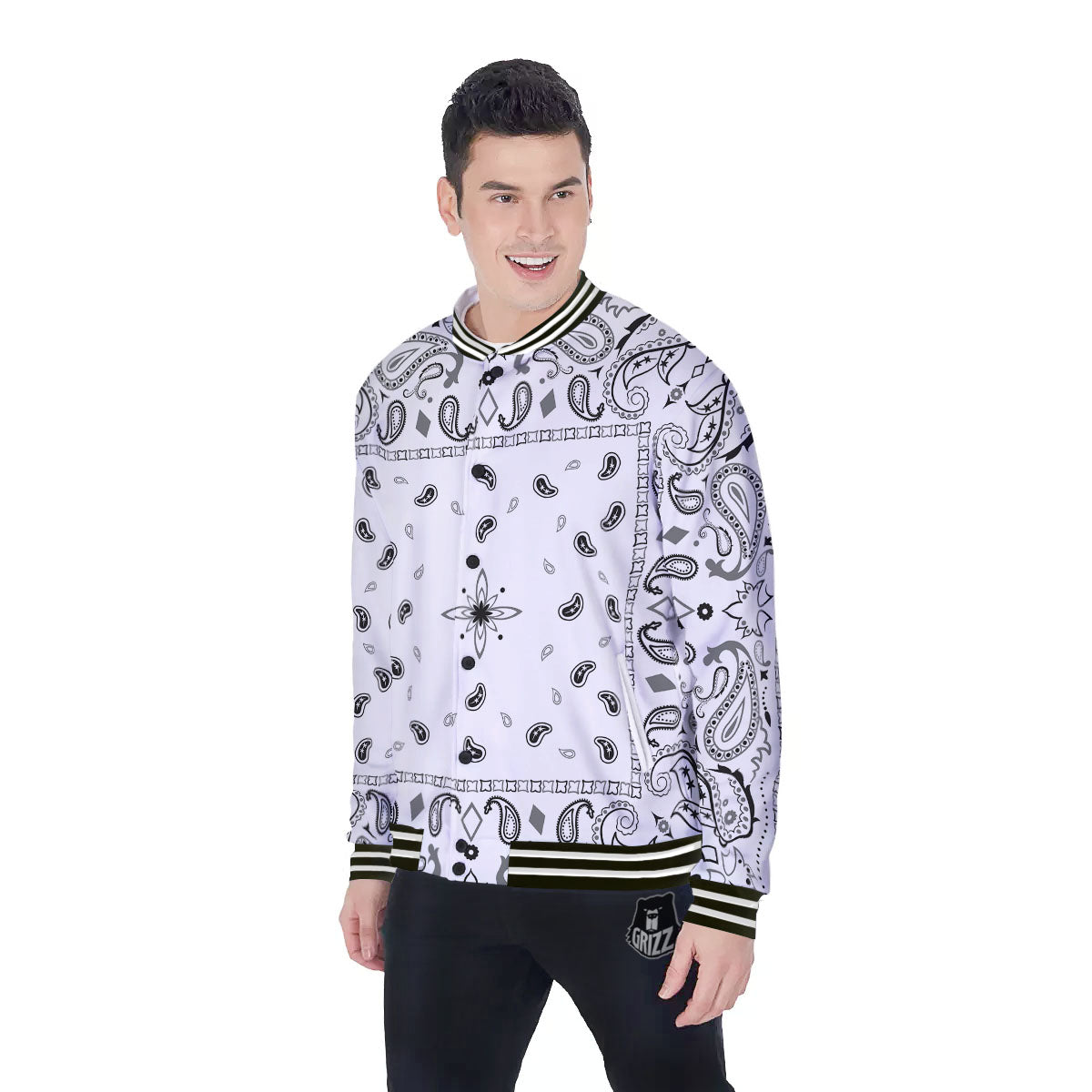 Paisley Bandana White And Black Print Baseball Jacket-grizzshop
