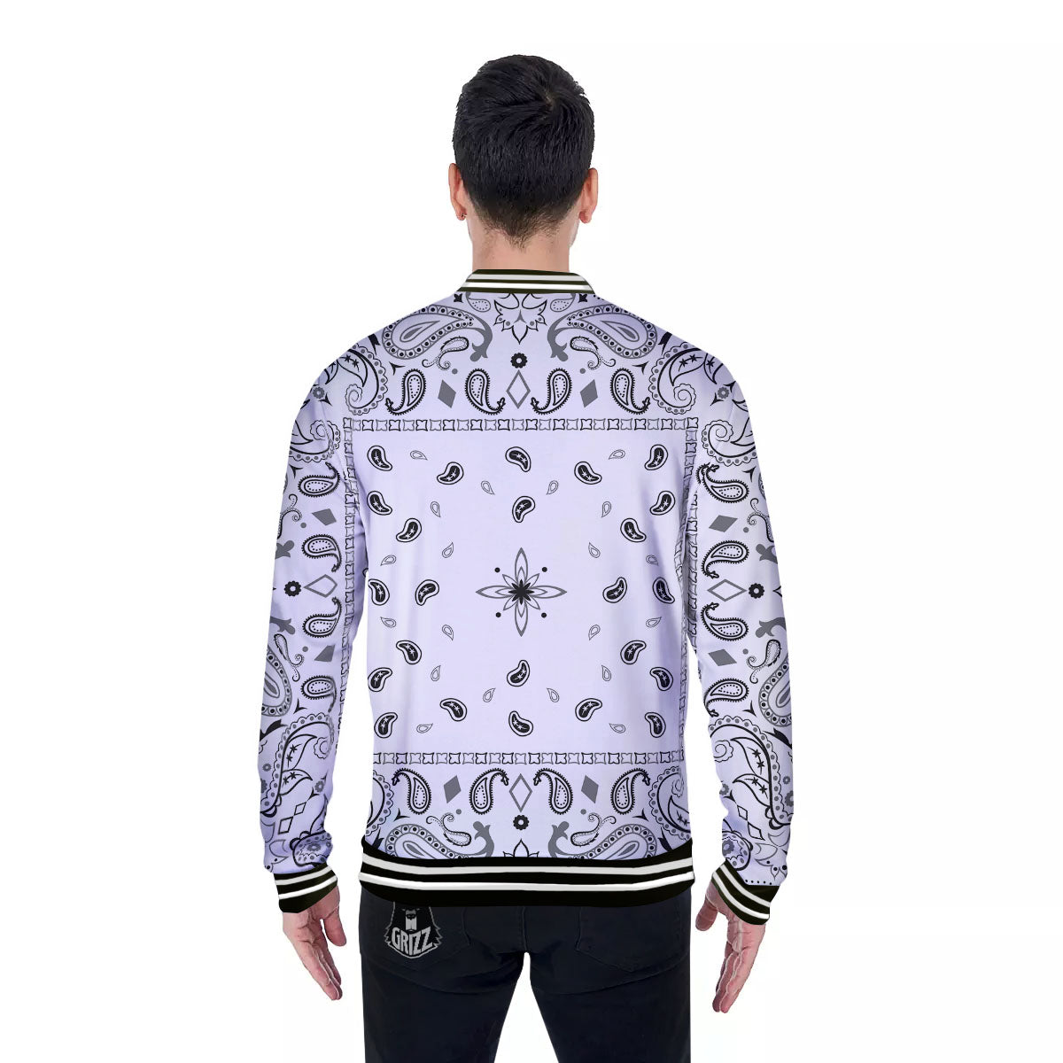 Paisley Bandana White And Black Print Baseball Jacket-grizzshop