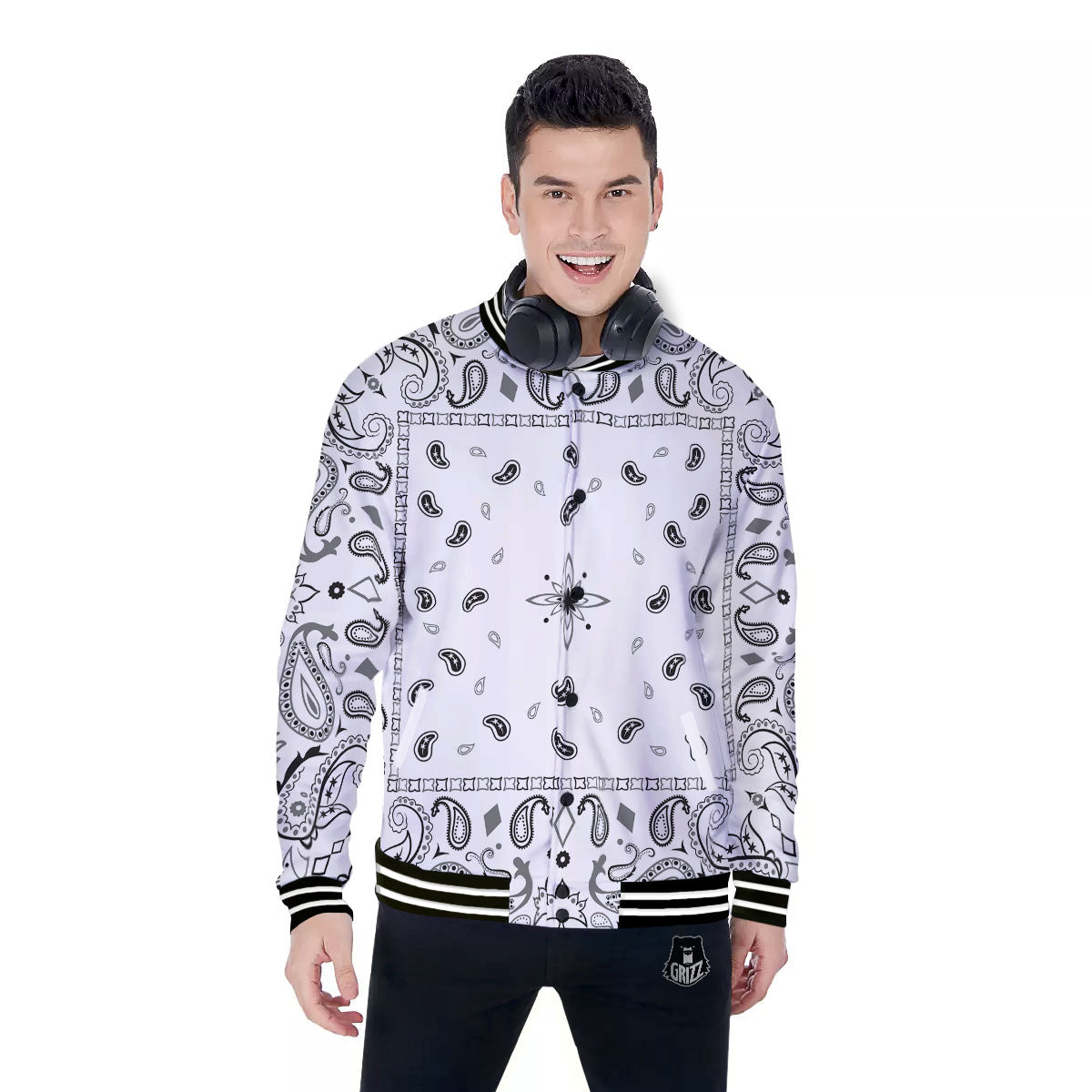 Paisley Bandana White And Black Print Baseball Jacket-grizzshop