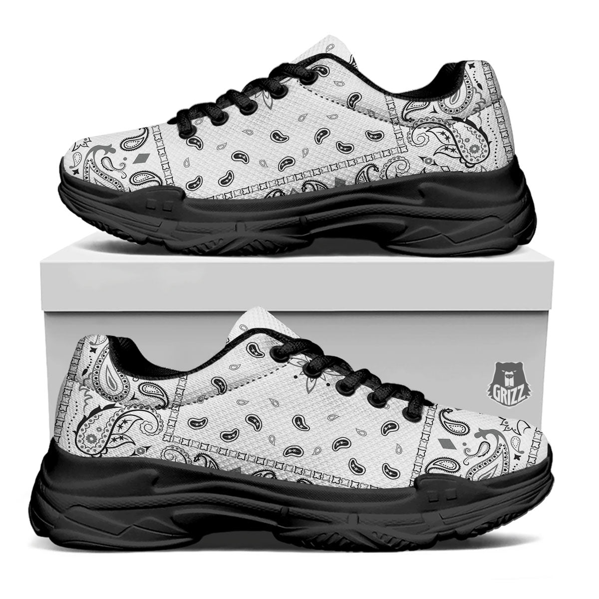 Paisley Bandana White And Black Print Black Chunky Shoes-grizzshop