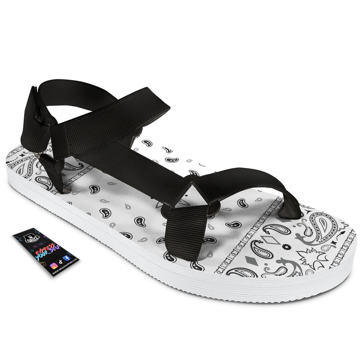 Paisley Bandana White And Black Print Black Open Toe Sandals-grizzshop