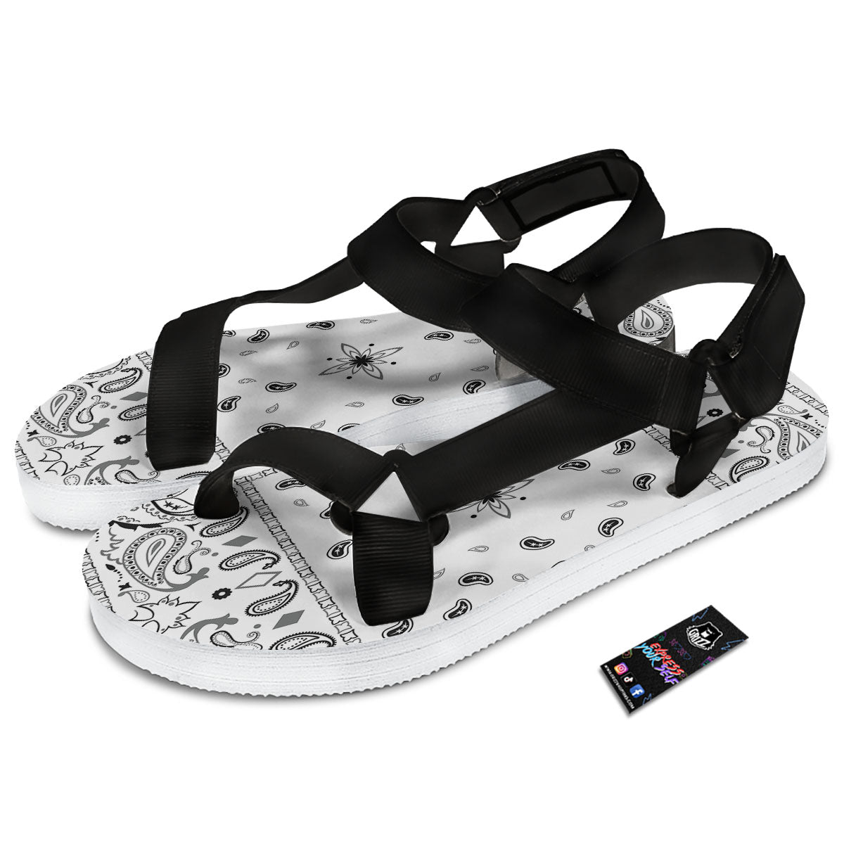 Paisley Bandana White And Black Print Black Open Toe Sandals-grizzshop