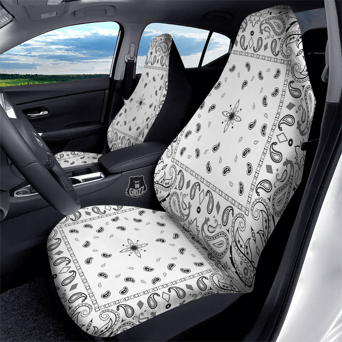 Paisley Bandana White And Black Print Car Seat Covers-grizzshop