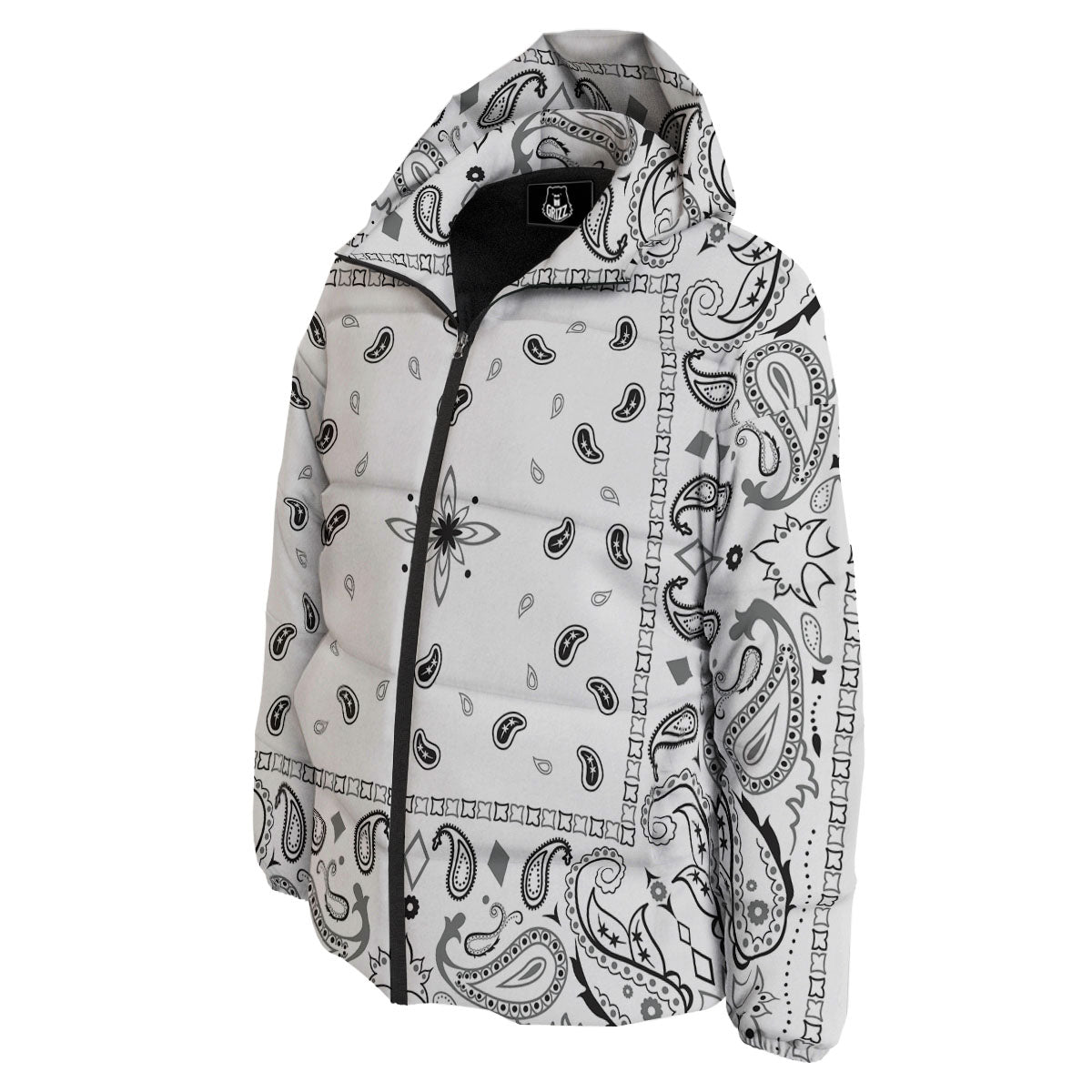 Paisley Bandana White And Black Print Down Jacket-grizzshop