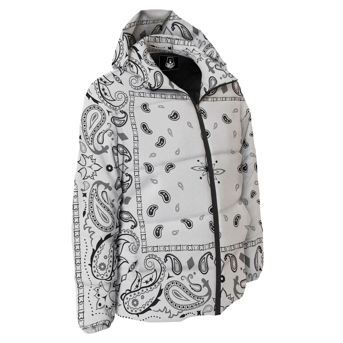 Paisley Bandana White And Black Print Down Jacket-grizzshop