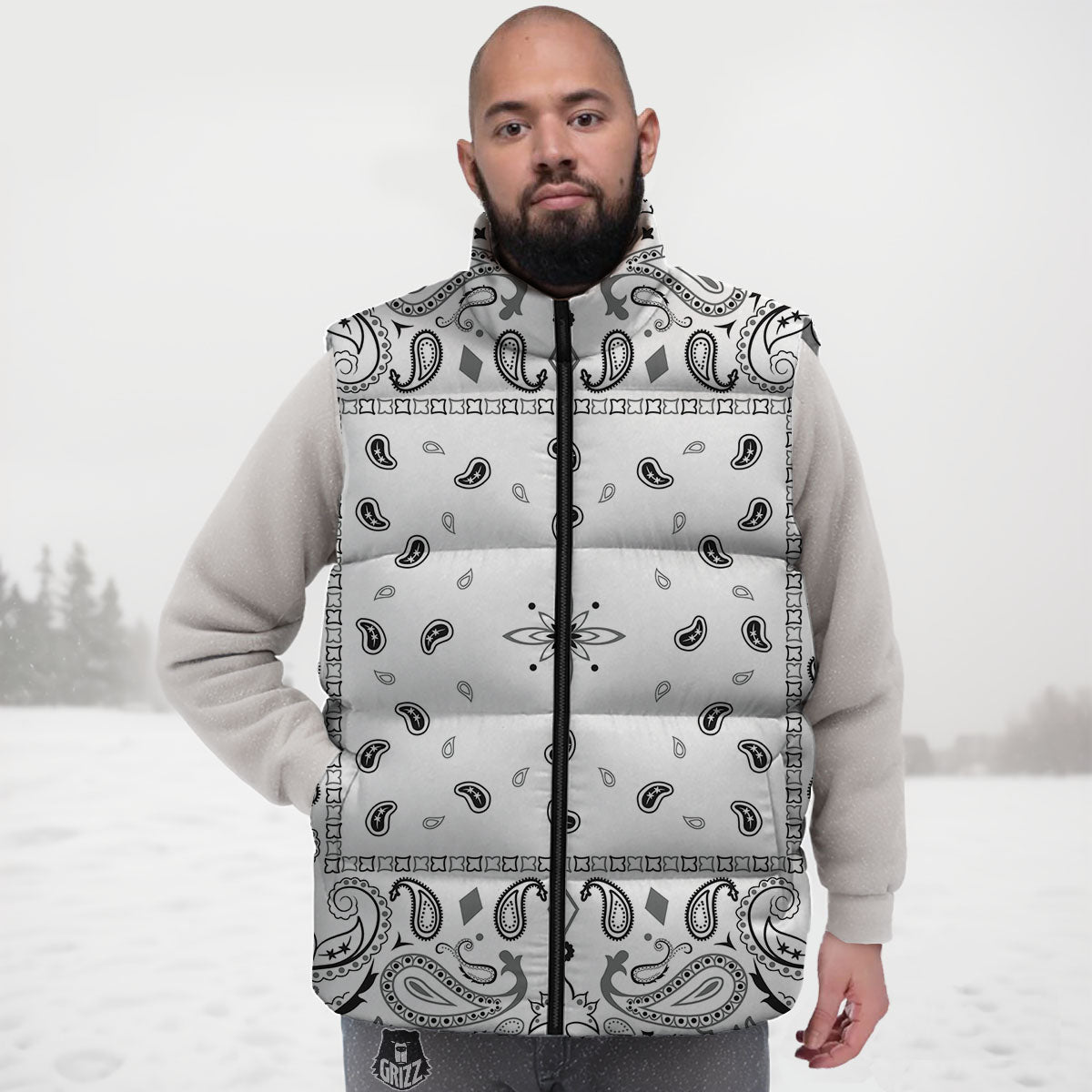 Paisley Bandana White And Black Print Down Vest