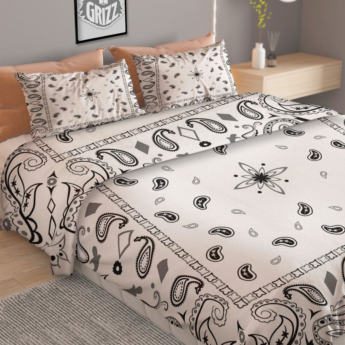 Paisley Bandana White And Black Print Duvet Cover Bedding Set