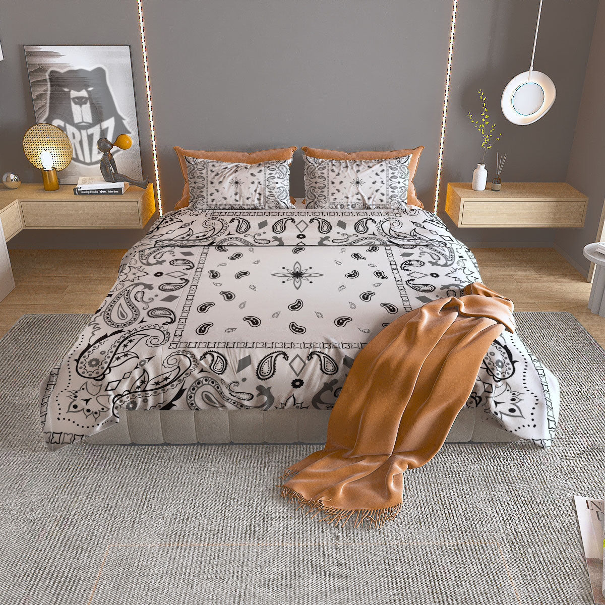 Paisley Bandana White And Black Print Duvet Cover Bedding Set