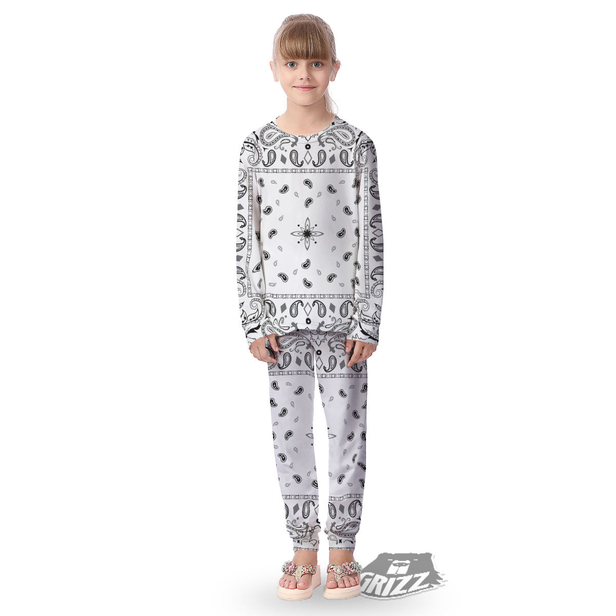 Paisley Bandana White And Black Print Kid's Pajamas-grizzshop