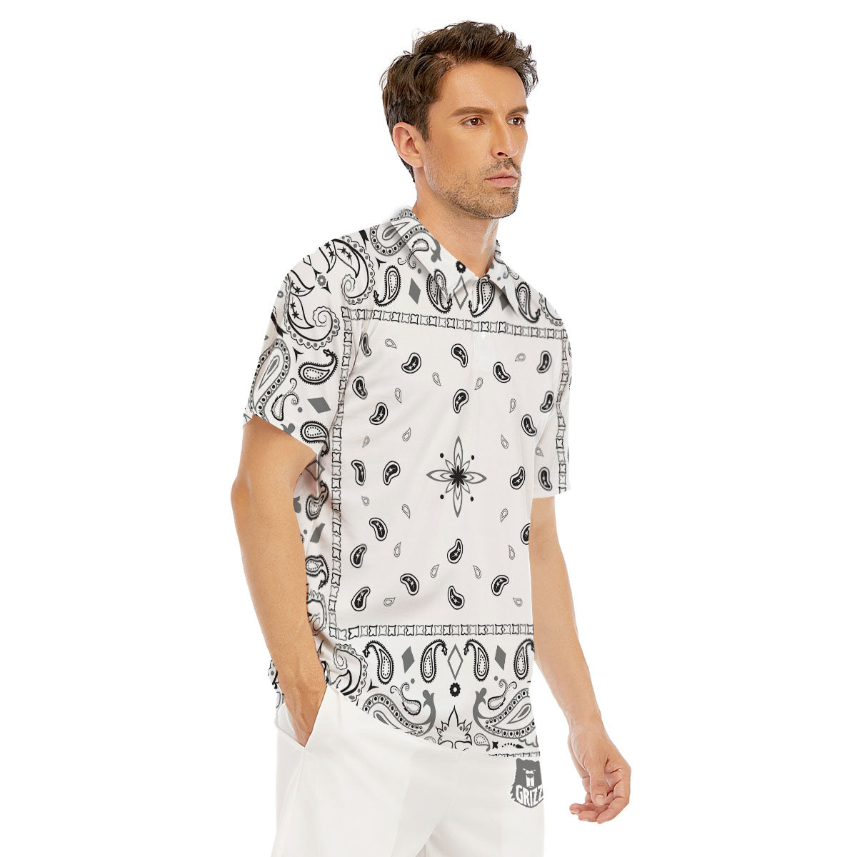 Paisley Bandana White And Black Print Men's Golf Shirts-grizzshop