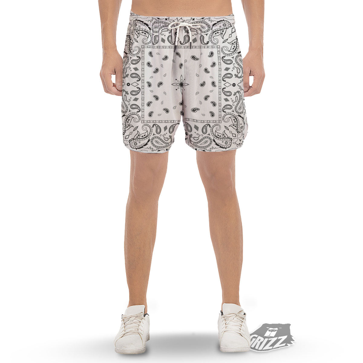 Paisley Bandana White And Black Print Men's Gym Shorts-grizzshop