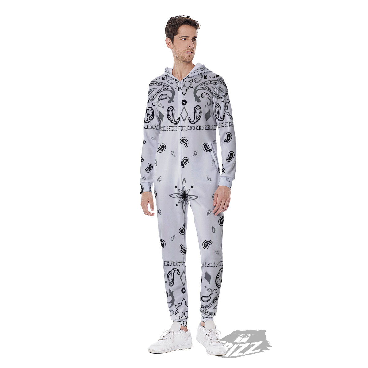 Paisley Bandana White And Black Print Men's Jumpsuit-grizzshop