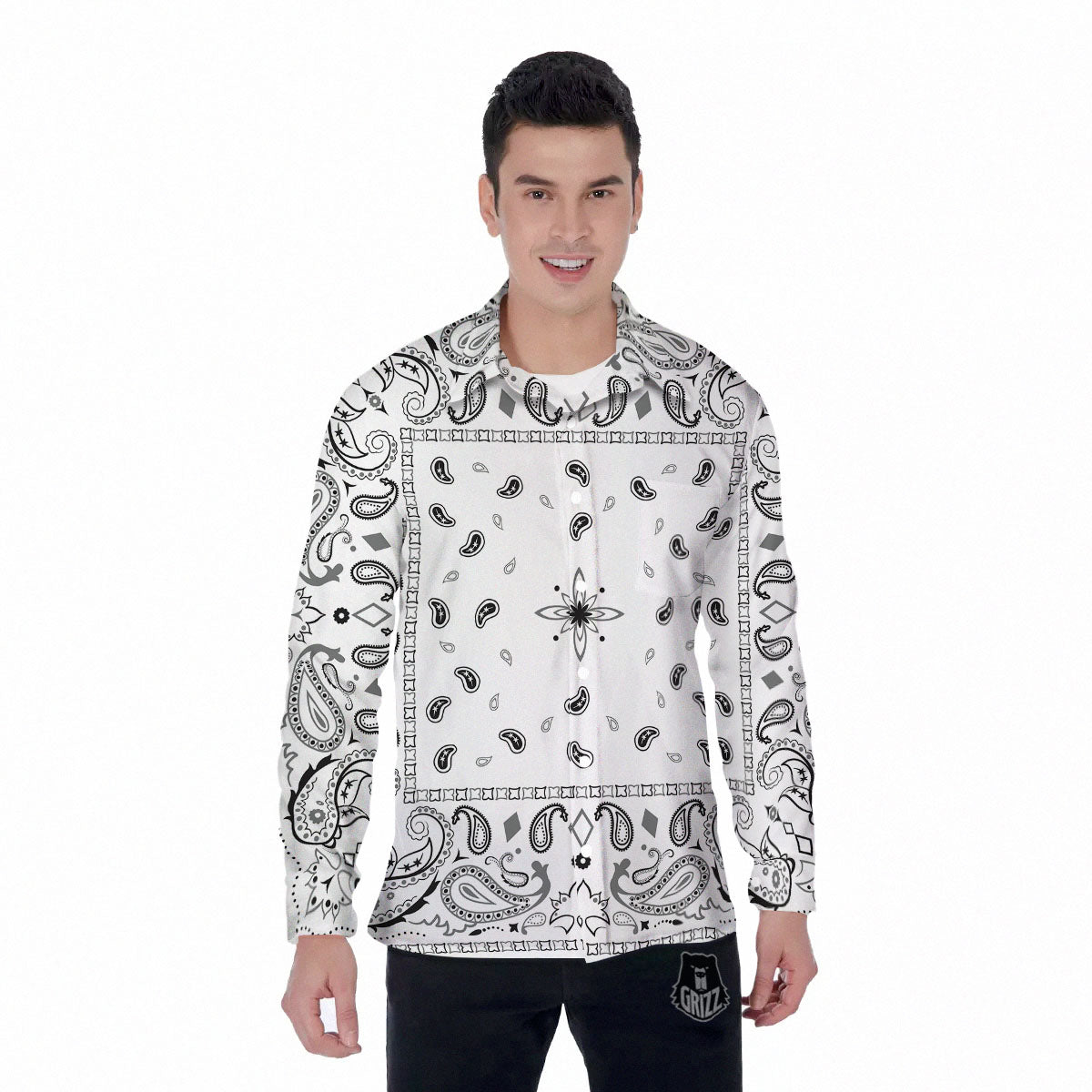 Paisley Bandana White And Black Print Men's Long Sleeve Shirts-grizzshop