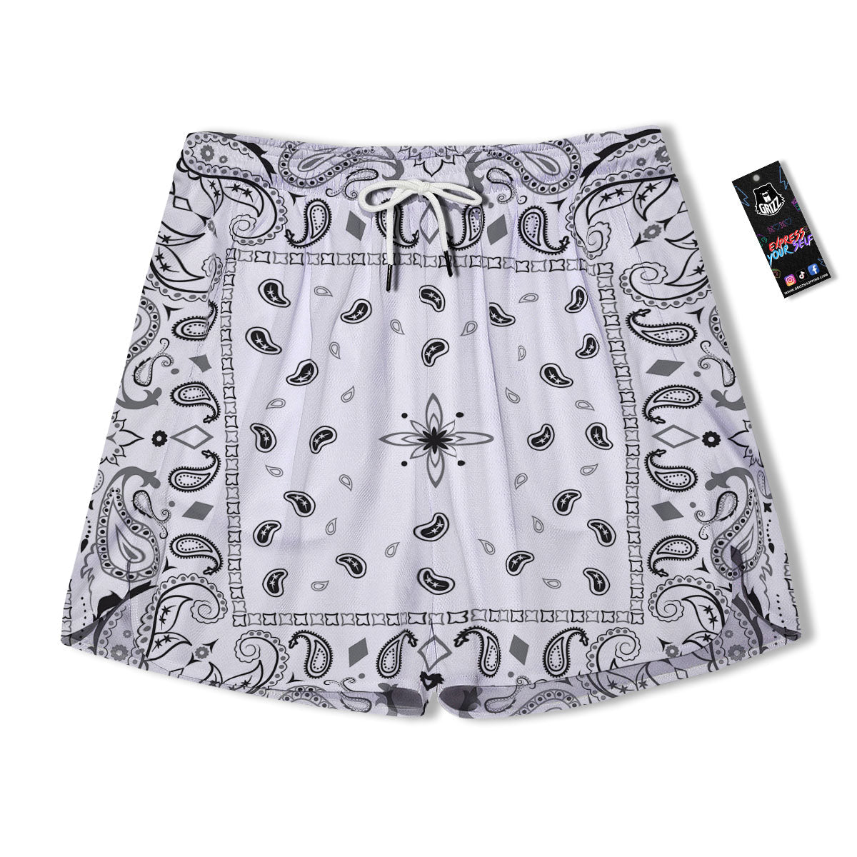 Paisley Bandana White And Black Print Men's Running Shorts-grizzshop