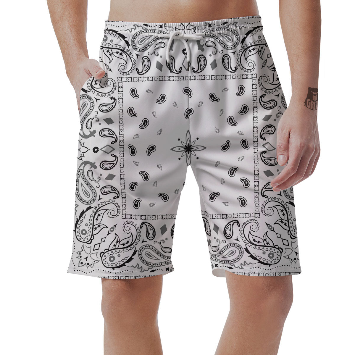 Paisley Bandana White And Black Print Men's Shorts-grizzshop