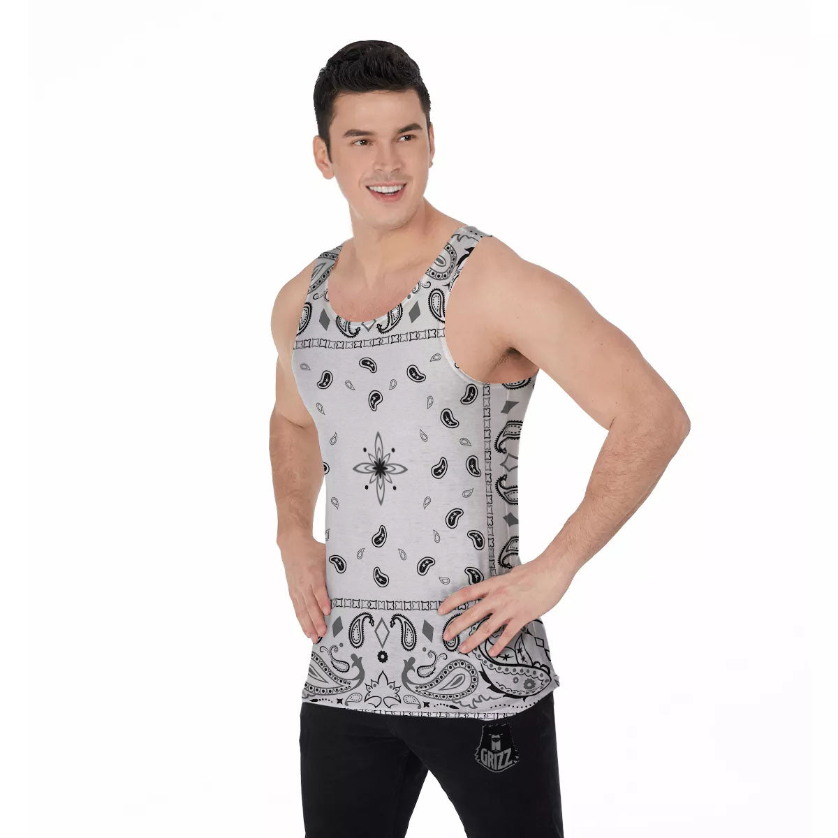 Paisley Bandana White And Black Print Men's Tank Top-grizzshop