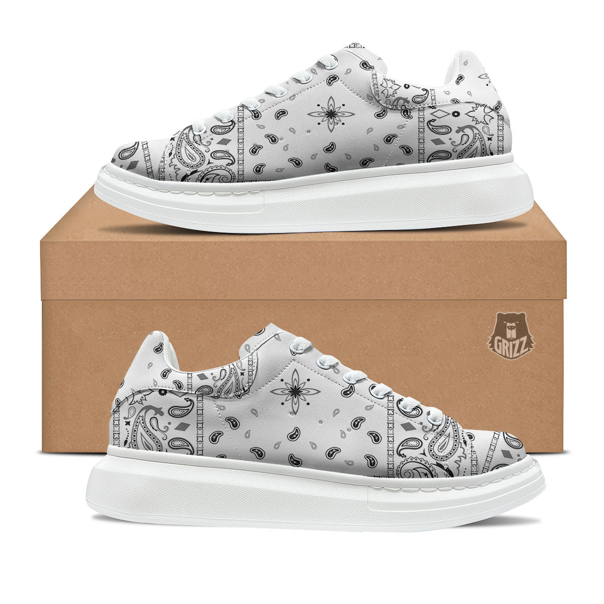 Paisley Bandana White And Black Print Platform Shoes-grizzshop