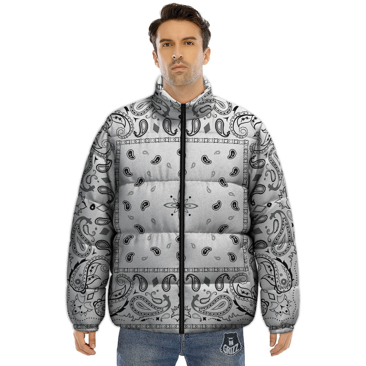 Paisley Bandana White And Black Print Puffer Jacket-grizzshop