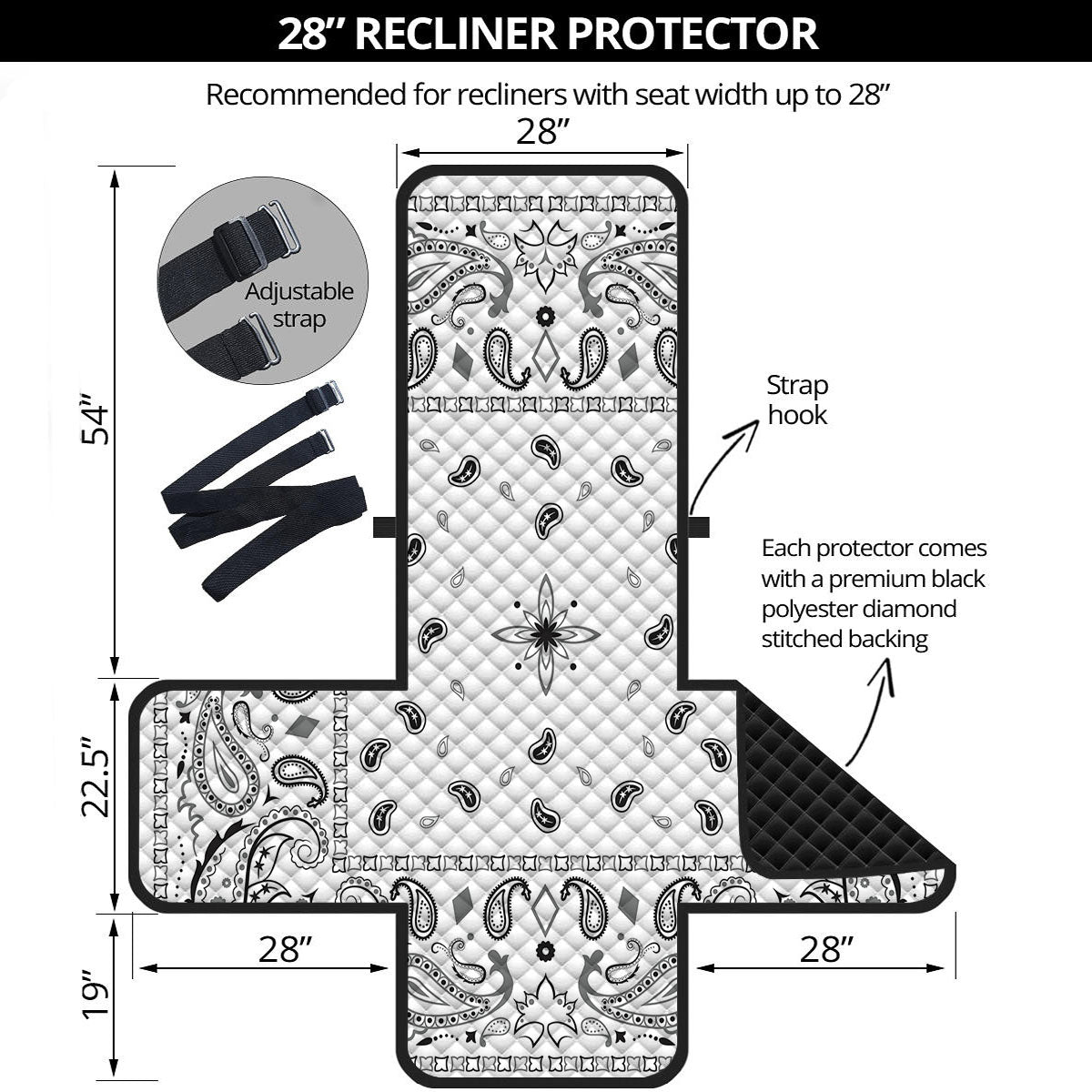 Paisley Bandana White And Black Print Recliner Protector-grizzshop