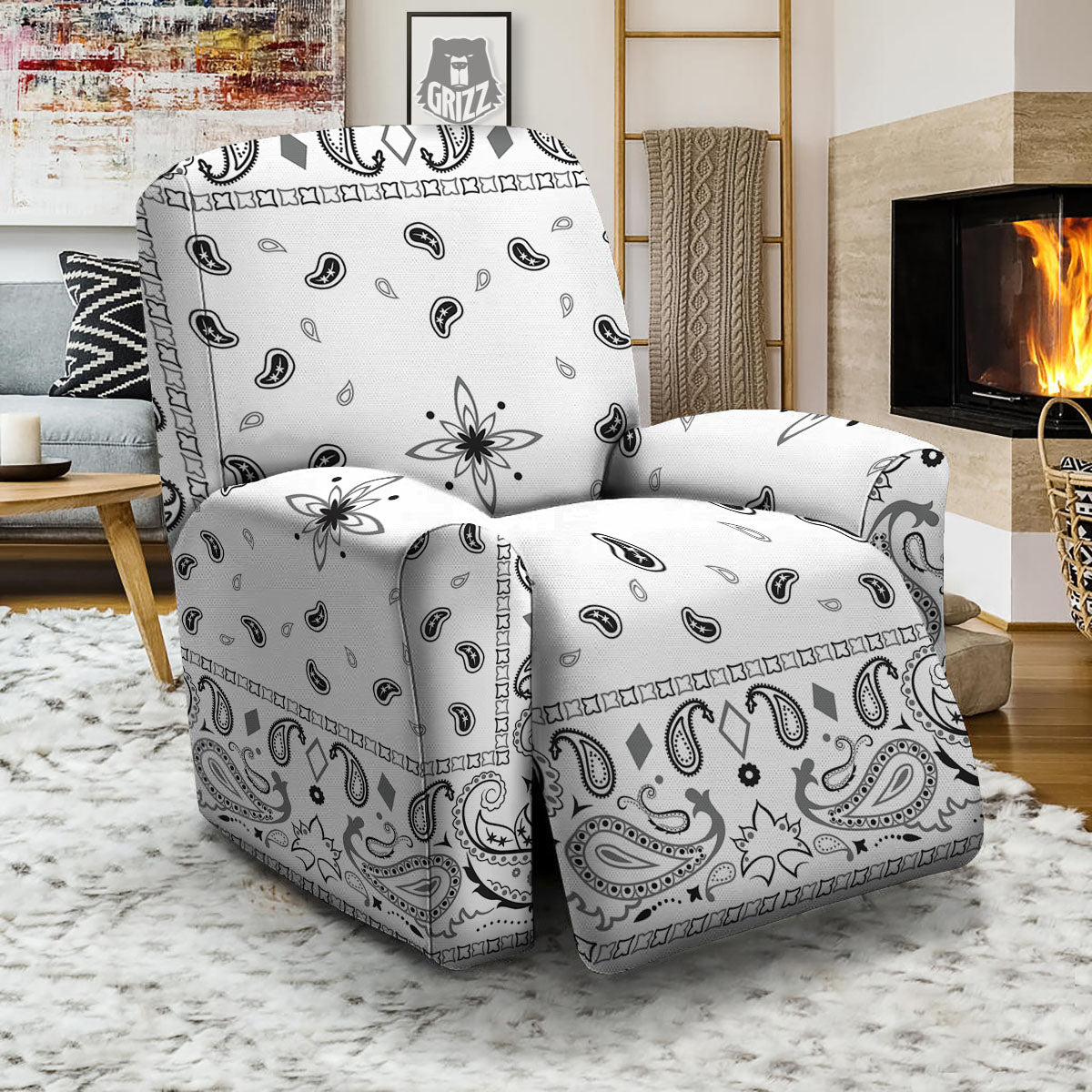 Paisley Bandana White And Black Print Recliner Slipcover-grizzshop