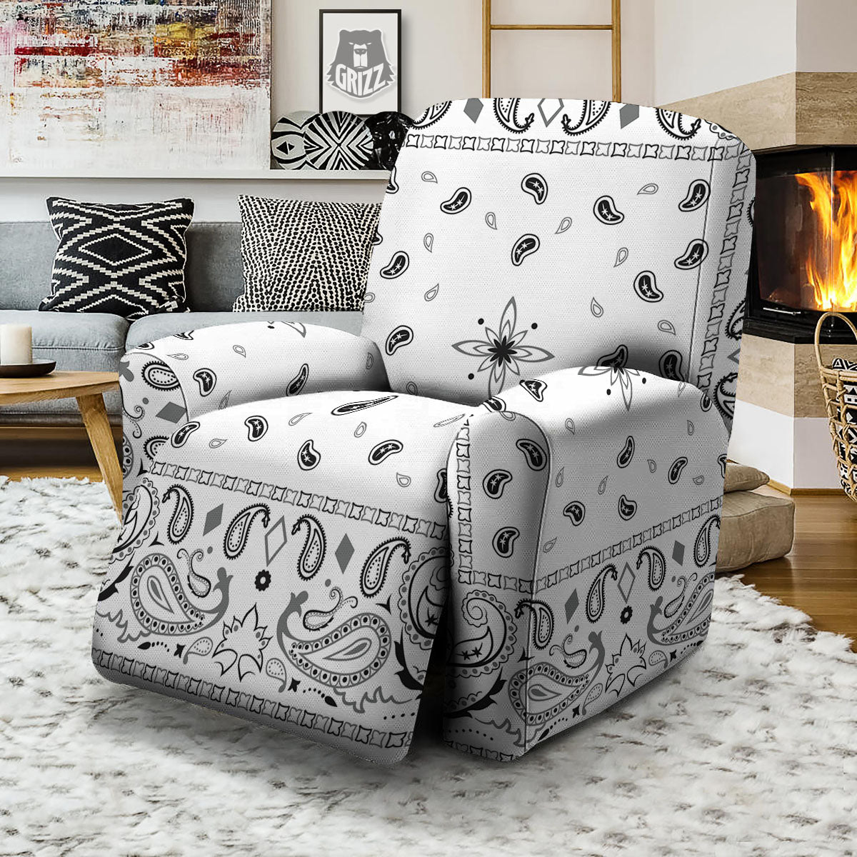 Paisley Bandana White And Black Print Recliner Slipcover-grizzshop