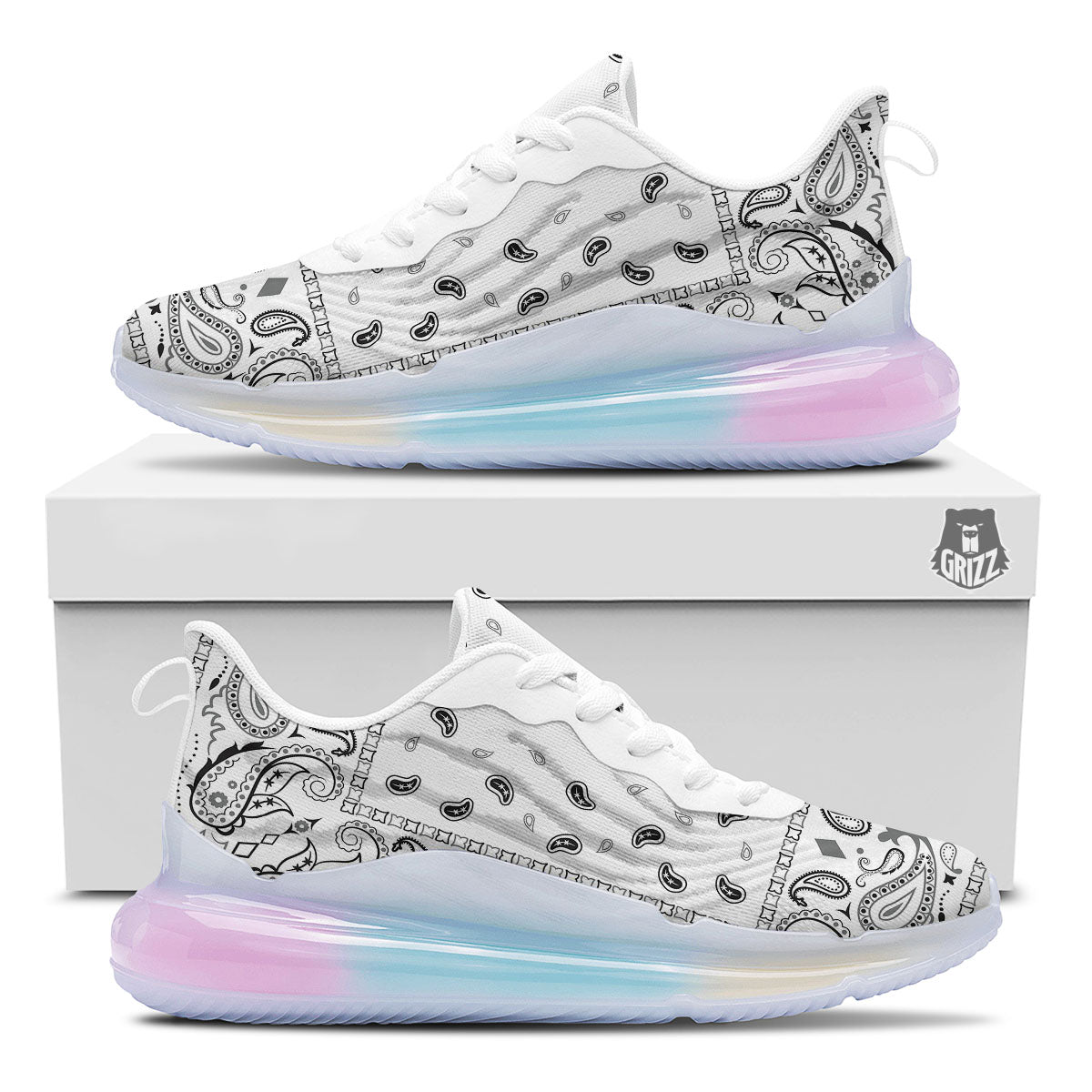 Paisley Bandana White And Black Print Running Sneakers-grizzshop