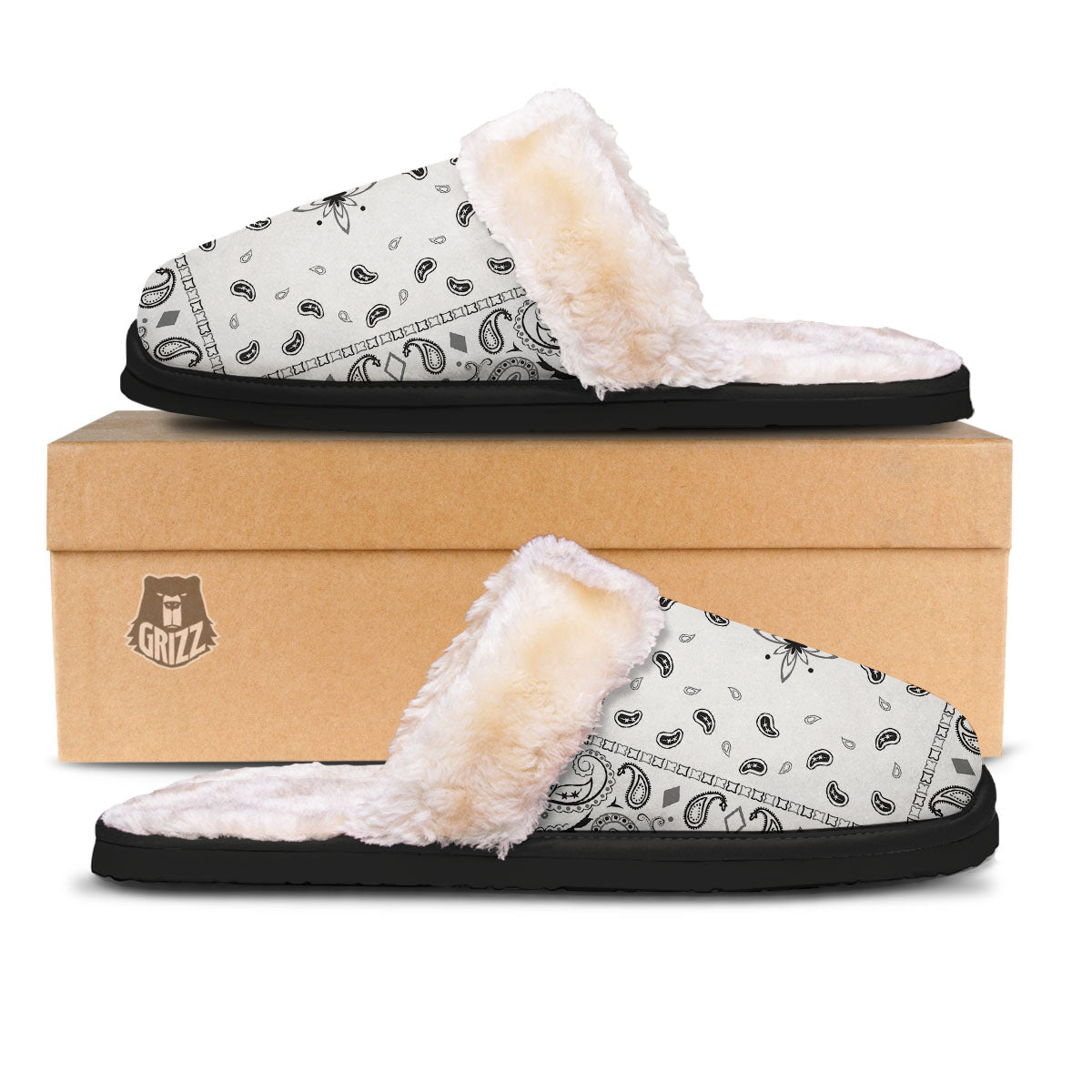 Paisley Bandana White And Black Print Slippers-grizzshop
