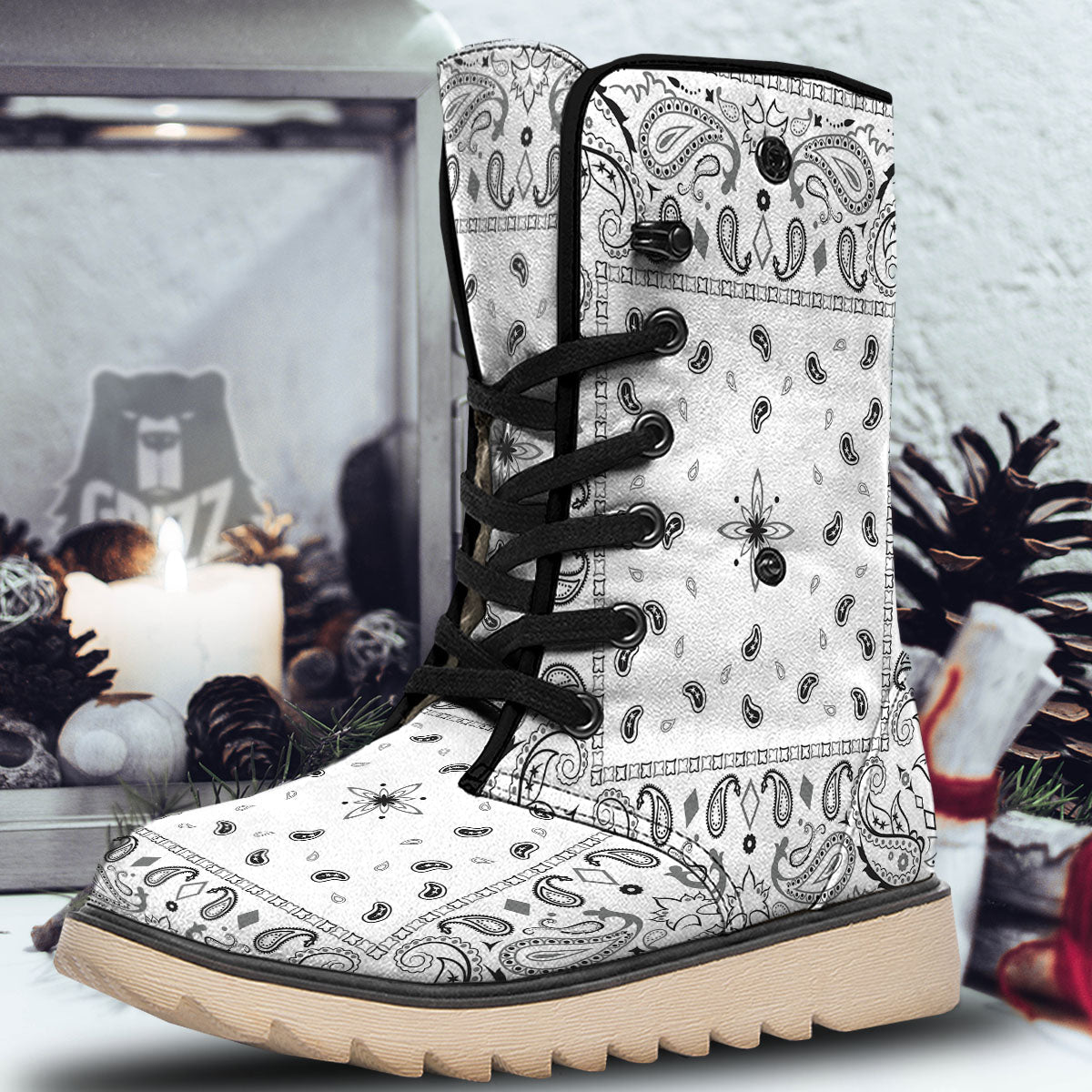 Paisley Bandana White And Black Print Snow Boots-grizzshop