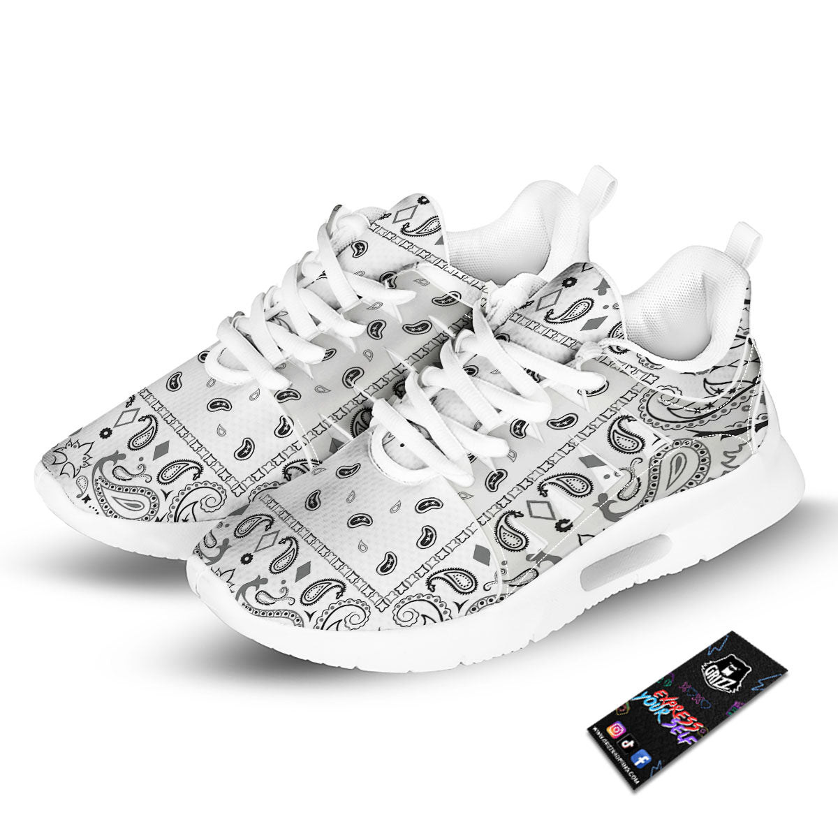 Paisley Bandana White And Black Print Tennis Shoes-grizzshop