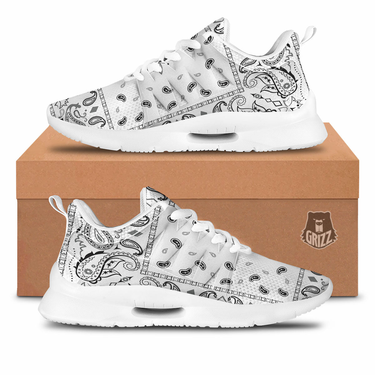 Paisley Bandana White And Black Print Tennis Shoes-grizzshop