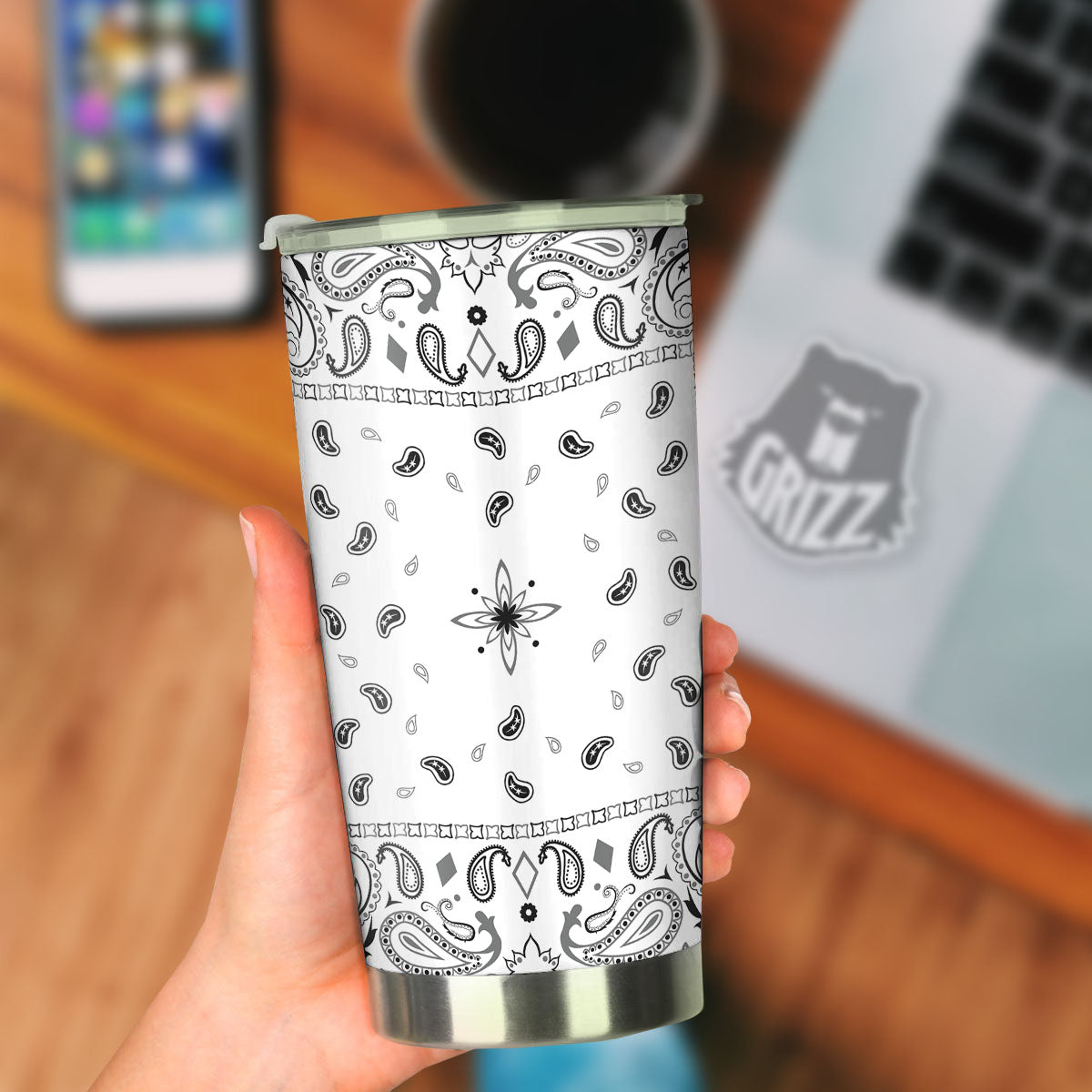 Paisley Bandana White And Black Print Tumbler-grizzshop