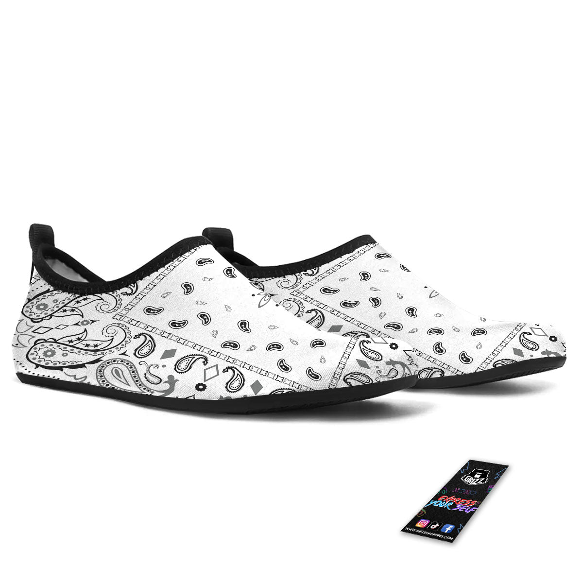 Paisley Bandana White And Black Print Water Shoes-grizzshop