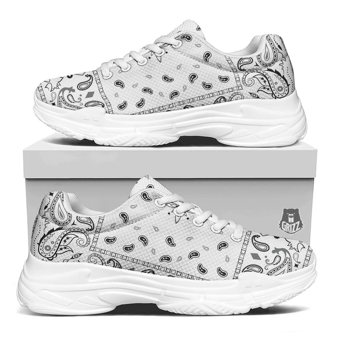 Paisley Bandana White And Black Print White Chunky Shoes-grizzshop