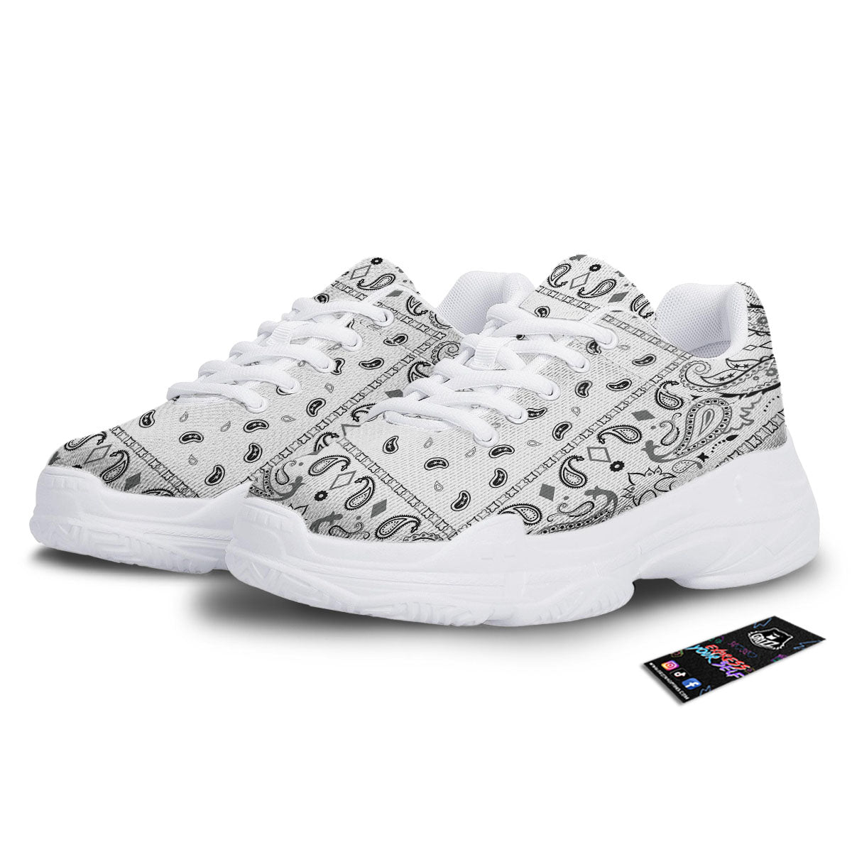 Paisley Bandana White And Black Print White Chunky Shoes-grizzshop