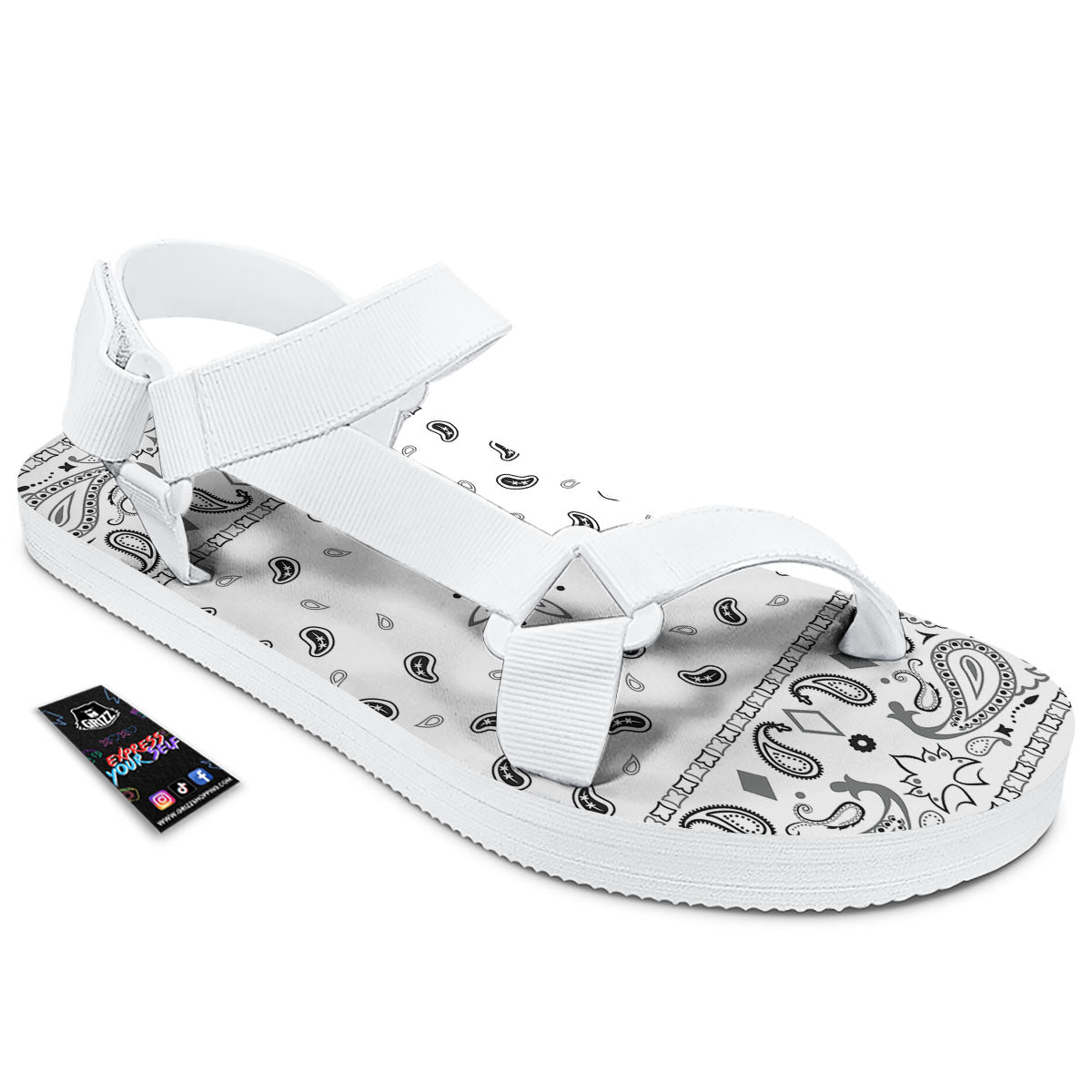 Paisley Bandana White And Black Print White Open Toe Sandals-grizzshop