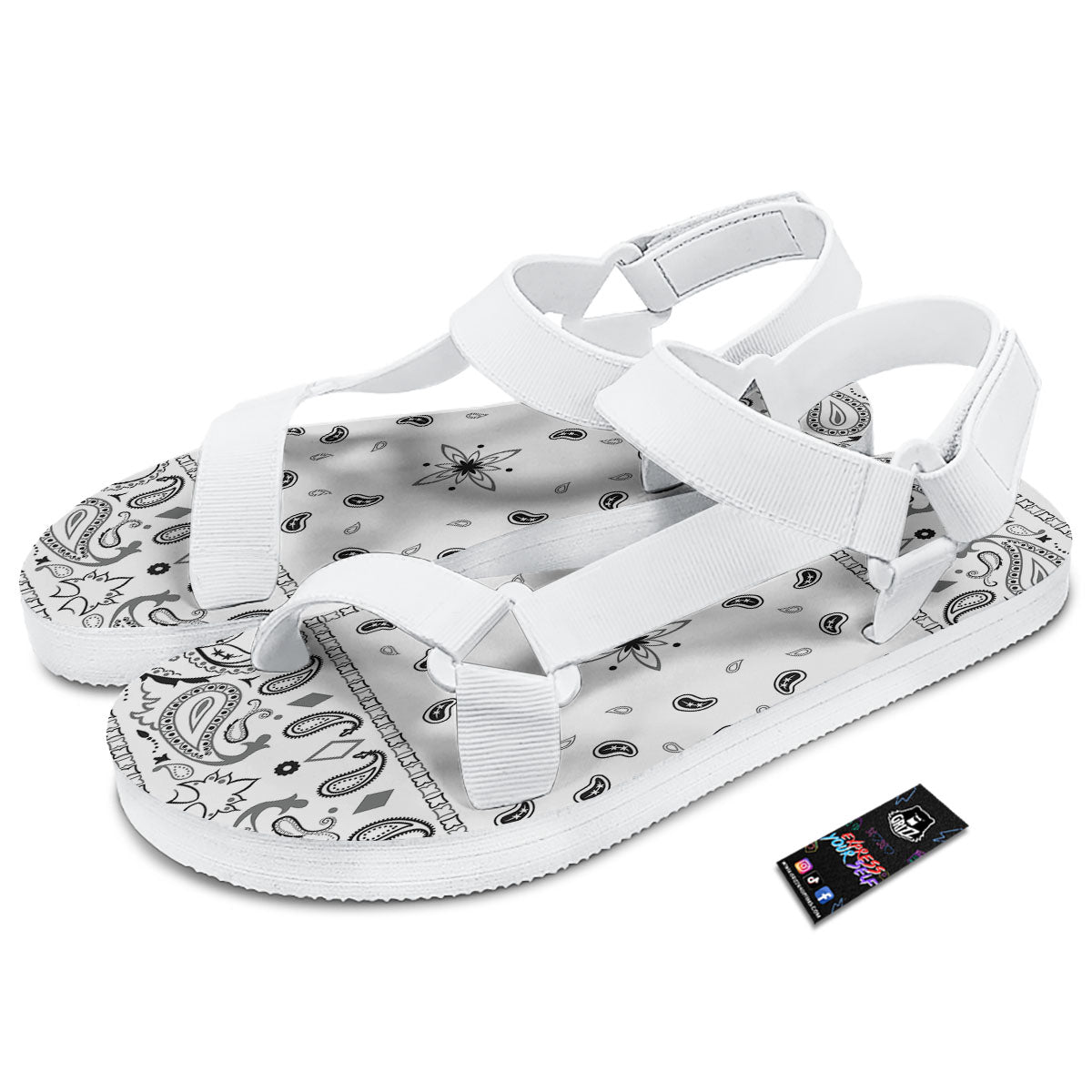 Paisley Bandana White And Black Print White Open Toe Sandals-grizzshop