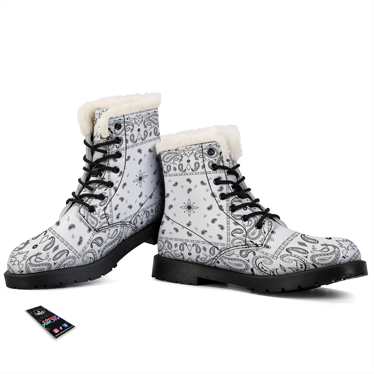 Paisley Bandana White And Black Print Winter Boots-grizzshop