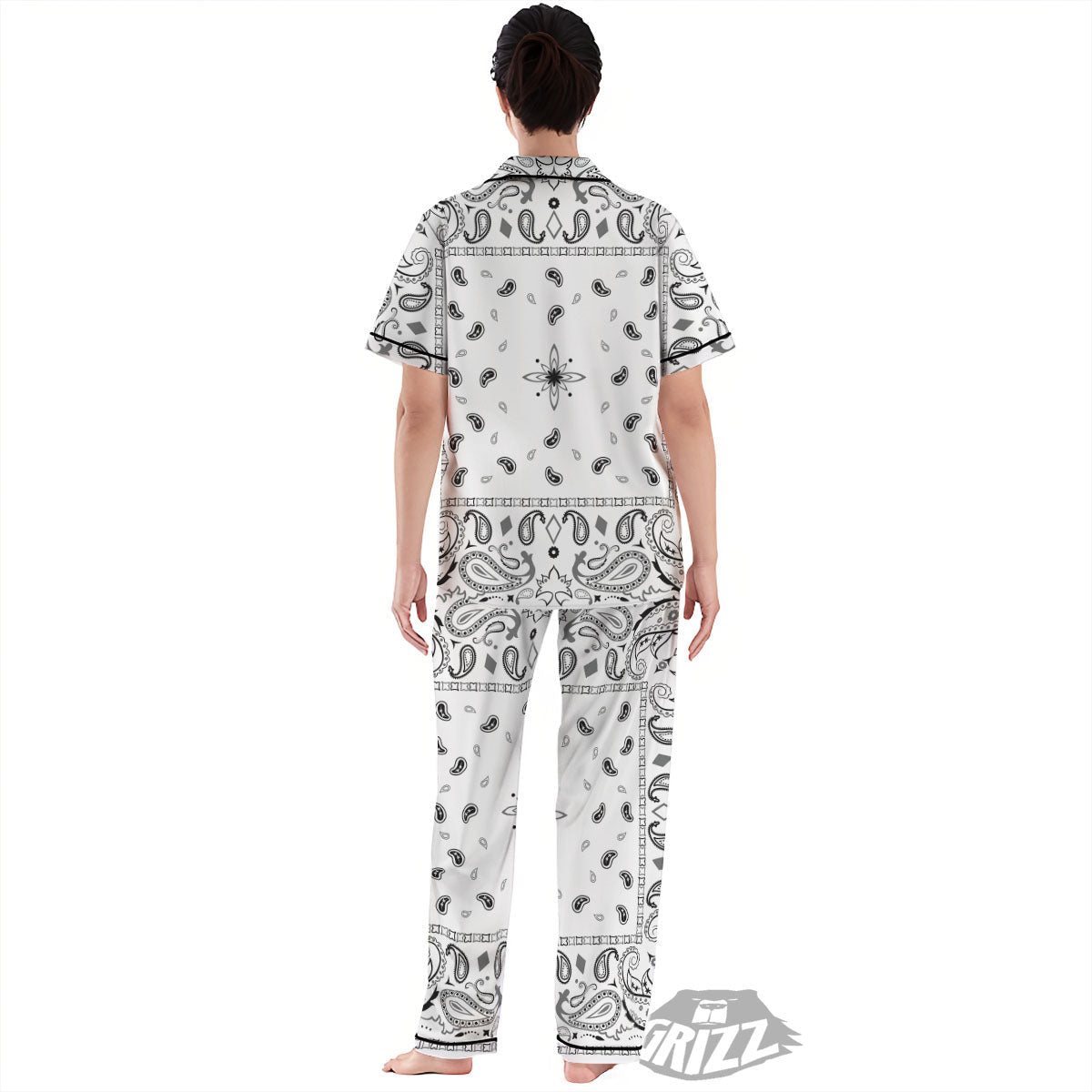 Paisley Bandana White And Black Print Women's Pajamas Set-grizzshop