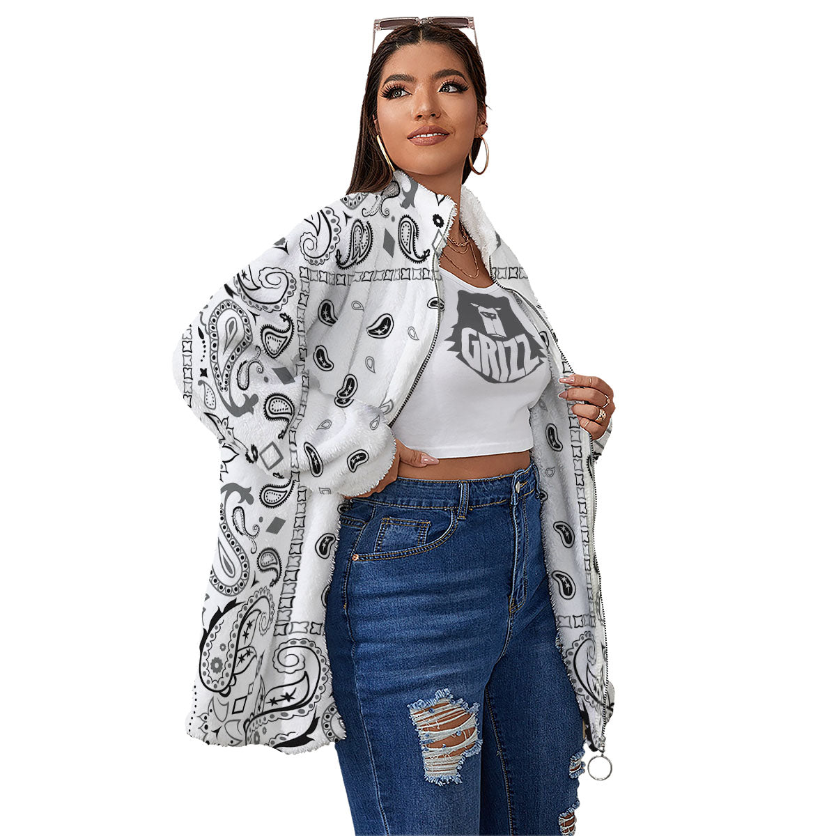 Paisley Bandana White And Black Print Women's Sherpa Jacket-grizzshop
