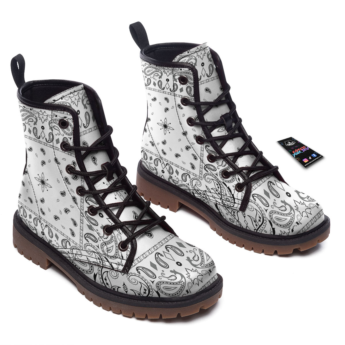 Paisley Bandana White And Black Print Work Boots-grizzshop
