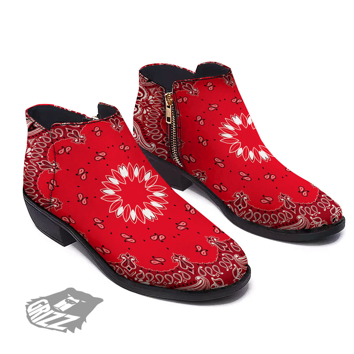 Paisley Bandana White And Red Print Ankle Boots-grizzshop